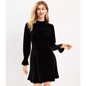 Ann Taylor Loft Black Velvet Smocked Ruffle Cuff Flare Dress NWT $89 Size 0 XS